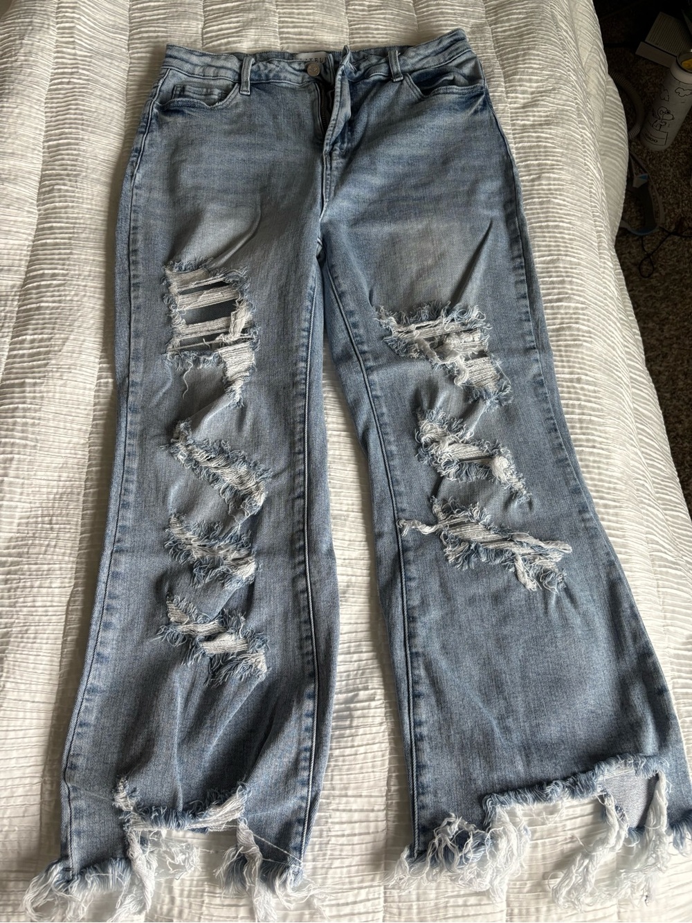 Frayed Light Blue Distressed Flare Jeans - Women's Wide Leg